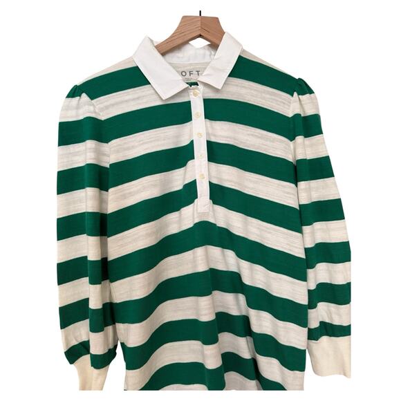 Loft Green White Striped Collared Long Sleeve Top Medium Quarter Button - Picture 5 of 9